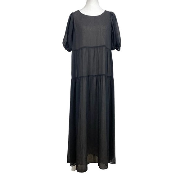 OAK + FORT BLACK CHIFFON TIERED PUFFY SHORT SLEEVE MAXI DRESS - S - Picture 1 of 8